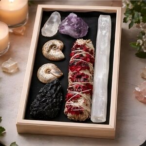 Aviva Stanoff Carved Gift Box of Sage and Crystals New